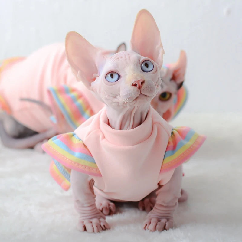 Sphynx Hairless Cat Clothes for Spring Autumn, Cute Rainbow Ruffles Sleeve Cotton Dress Pet Apparel Costume Cat Dress for Kitten