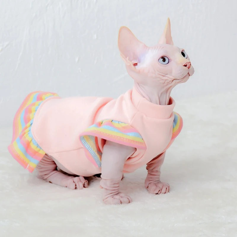 Sphynx Hairless Cat Clothes for Spring Autumn, Cute Rainbow Ruffles Sleeve Cotton Dress Pet Apparel Costume Cat Dress for Kitten