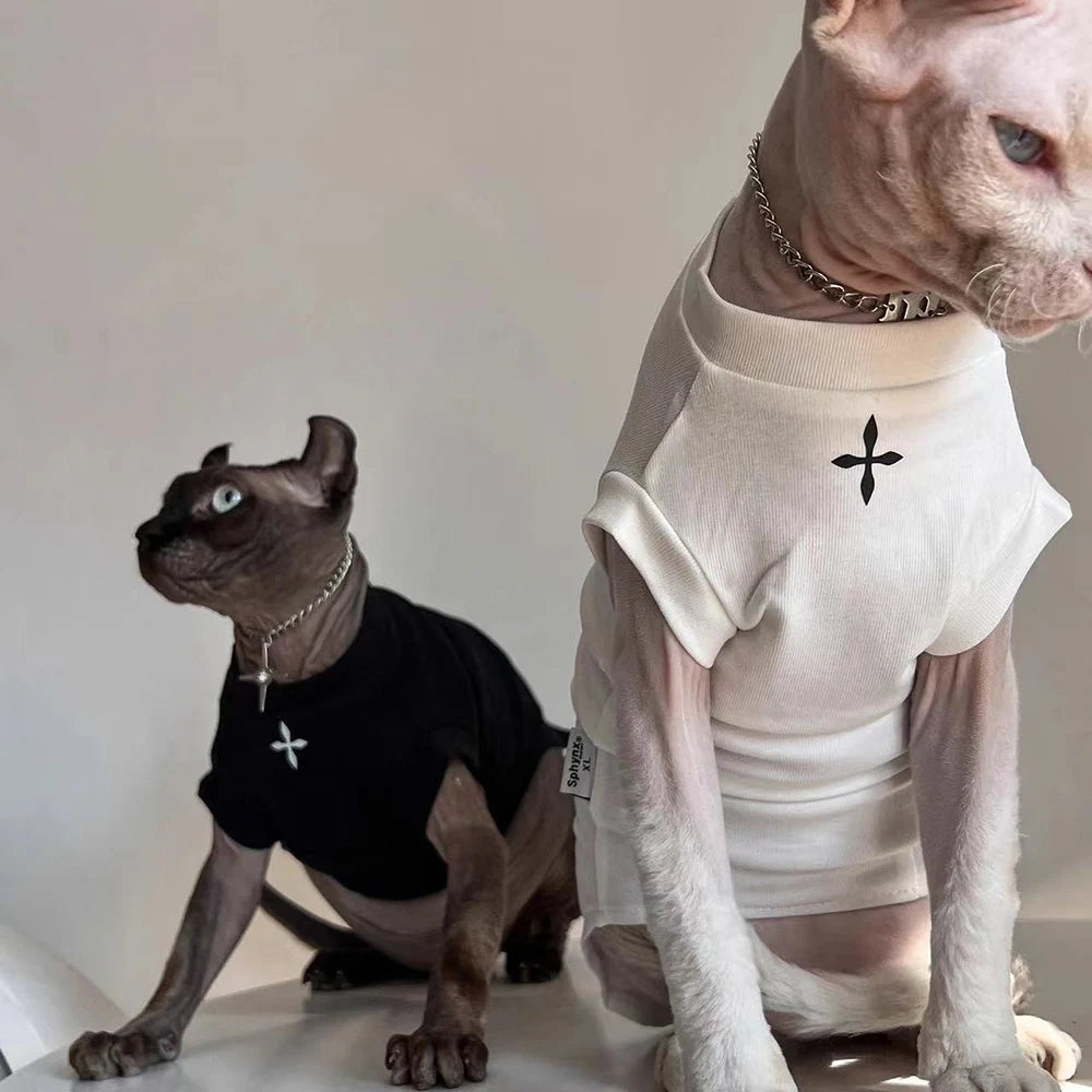 Sphynx Cat Clothes Winter Black Cotton T-Shirts , Pullover Kitten Shirts with Short-Sleeve, Hairless Pajamas Apparel for Cats