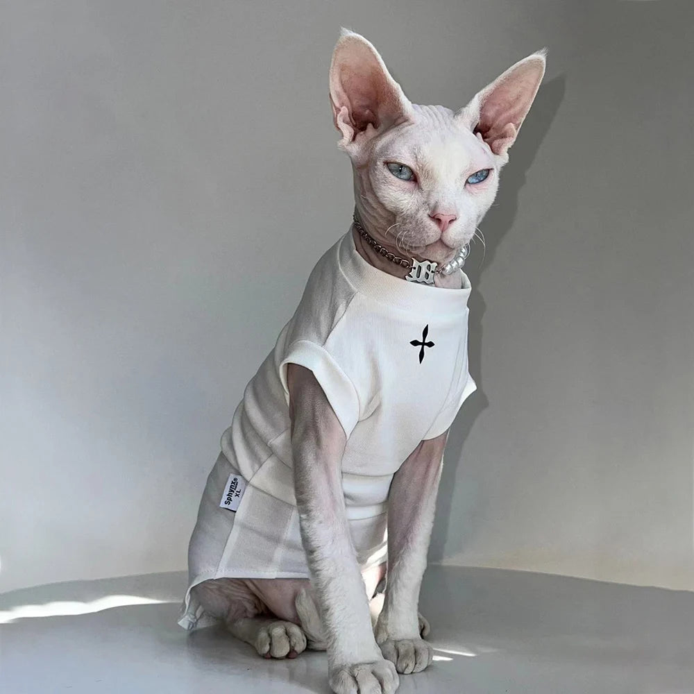 Sphynx Cat Clothes Winter Black Cotton T-Shirts , Pullover Kitten Shirts with Short-Sleeve, Hairless Pajamas Apparel for Cats