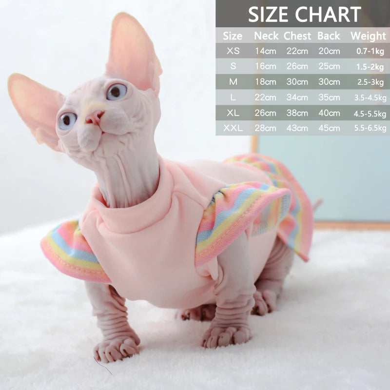 Sphynx Hairless Cat Clothes for Spring Autumn, Cute Rainbow Ruffles Sleeve Cotton Dress Pet Apparel Costume Cat Dress for Kitten