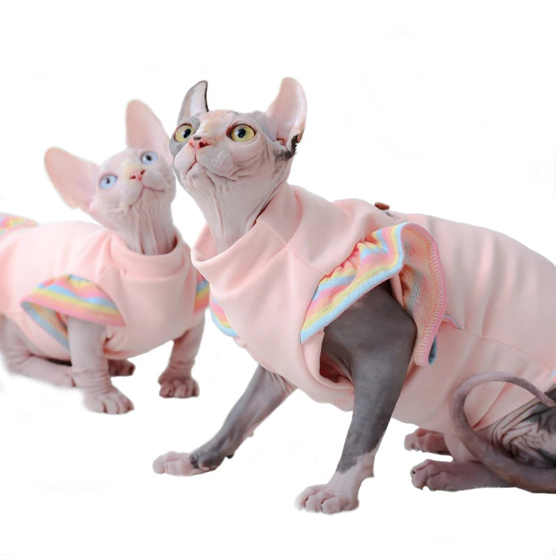 Sphynx Hairless Cat Clothes for Spring Autumn, Cute Rainbow Ruffles Sleeve Cotton Dress Pet Apparel Costume Cat Dress for Kitten