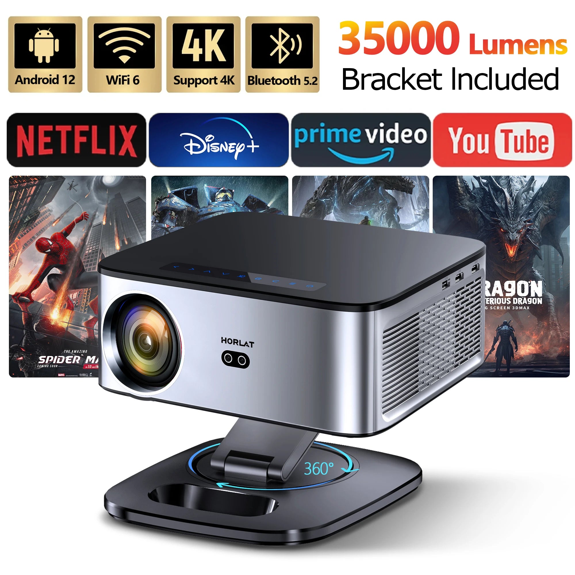 Horlat 2025 4K UHD Projector 35000 Lumens Android WiFi 6 BT5.2 64G Native1080P Full HD Home Theater Movie Projector for Netflix