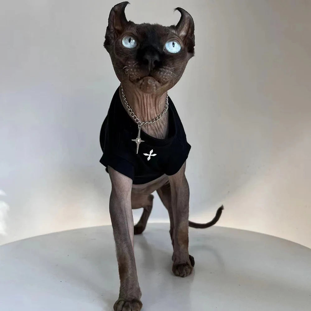 Sphynx Cat Clothes Winter Black Cotton T-Shirts , Pullover Kitten Shirts with Short-Sleeve, Hairless Pajamas Apparel for Cats