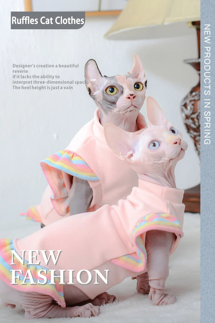 Sphynx Hairless Cat Clothes for Spring Autumn, Cute Rainbow Ruffles Sleeve Cotton Dress Pet Apparel Costume Cat Dress for Kitten