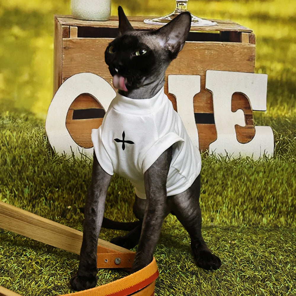 Sphynx Cat Clothes Winter Black Cotton T-Shirts , Pullover Kitten Shirts with Short-Sleeve, Hairless Pajamas Apparel for Cats